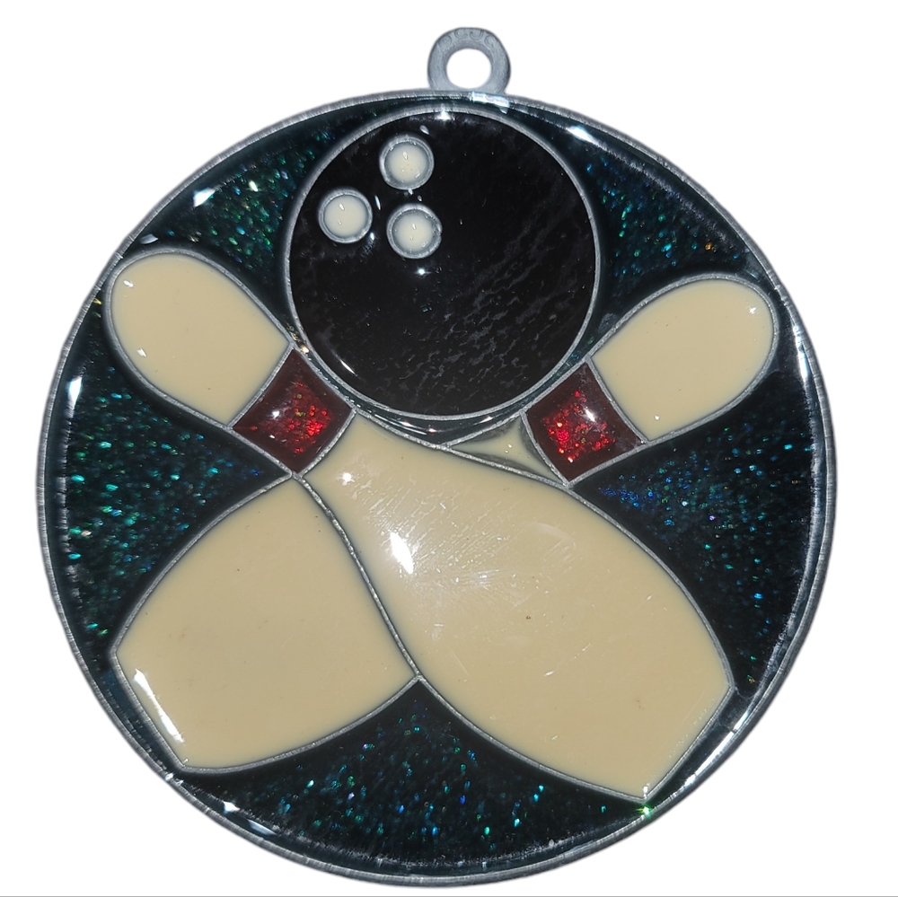 Vnt Handmade Stained Glass Bowling Ball & Pins Suncatcher Ornament Glitter Green